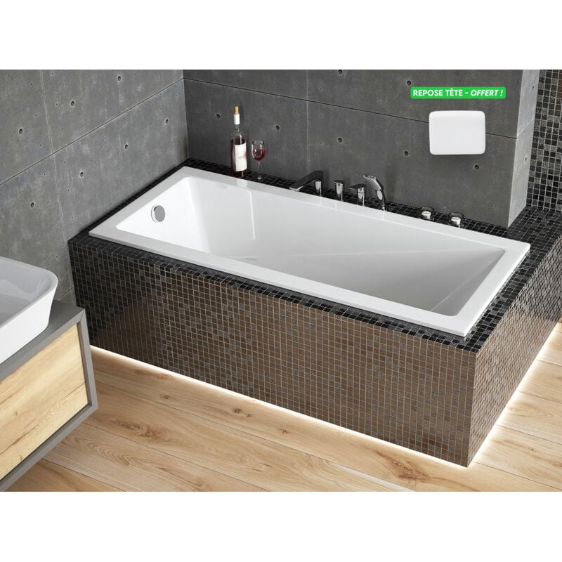 Otitec - Baignoire rectangulaire blanche à encastrer + repose tête - modern slim - 180 x 70
