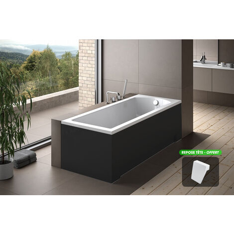 Baignoire rectangulaire blanche + tablier noir + repose tête - SHEA - 160 x 70