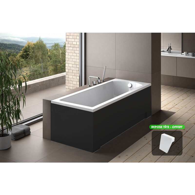Otitec - Baignoire rectangulaire blanche + tablier noir + repose tête - shea - 170 x 70 - noir