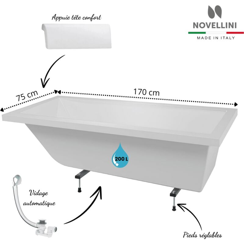 Novellini - Pack baignoire rectangulaire calos 2.0 avec pieds + repose tête + vidage Dimensions 170x75