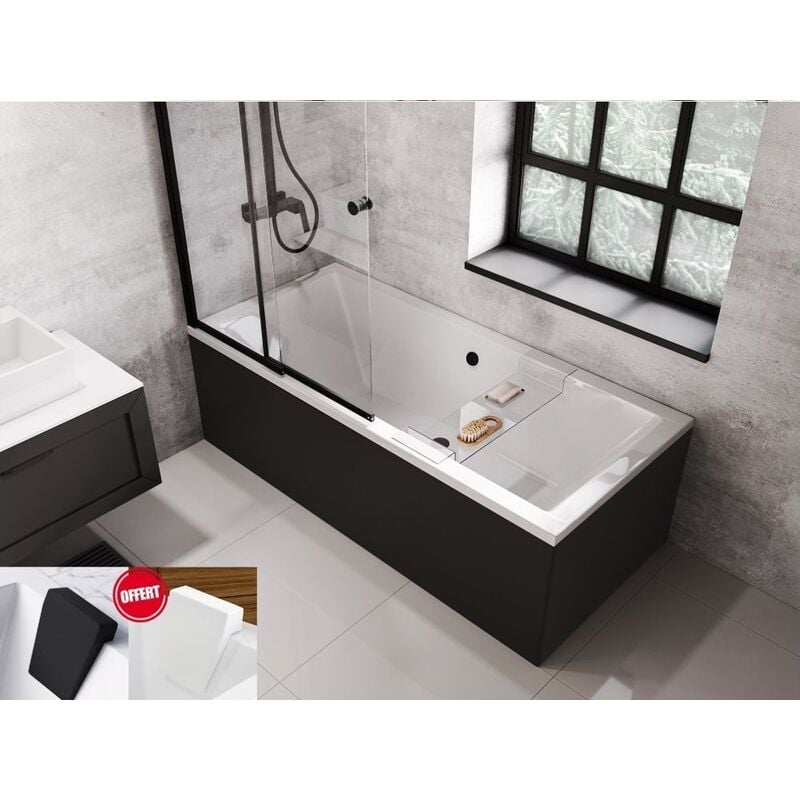 Otitec - Baignoire rectangulaire Noir Mat - quadro - 165x75 - avec Tablier - Repose Tête offert - Noir