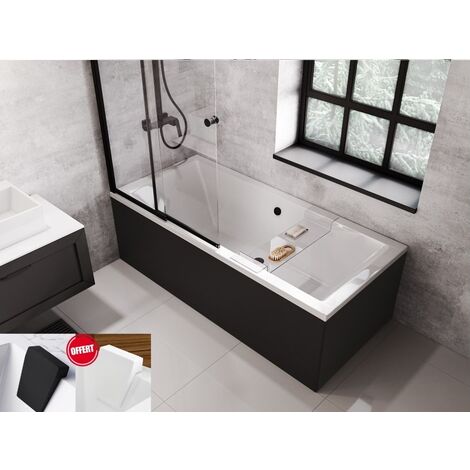 Baignoire rectangulaire Noir Mat - QUADRO - 180x80 - avec Tablier - Repose Tête OFFERT