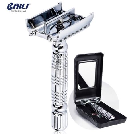 BAILI Barber lame de sécurité rasoir rasoir Double bord papillon torsion ouvert en forme de T unisexe 1 étui de voyage avec miroir