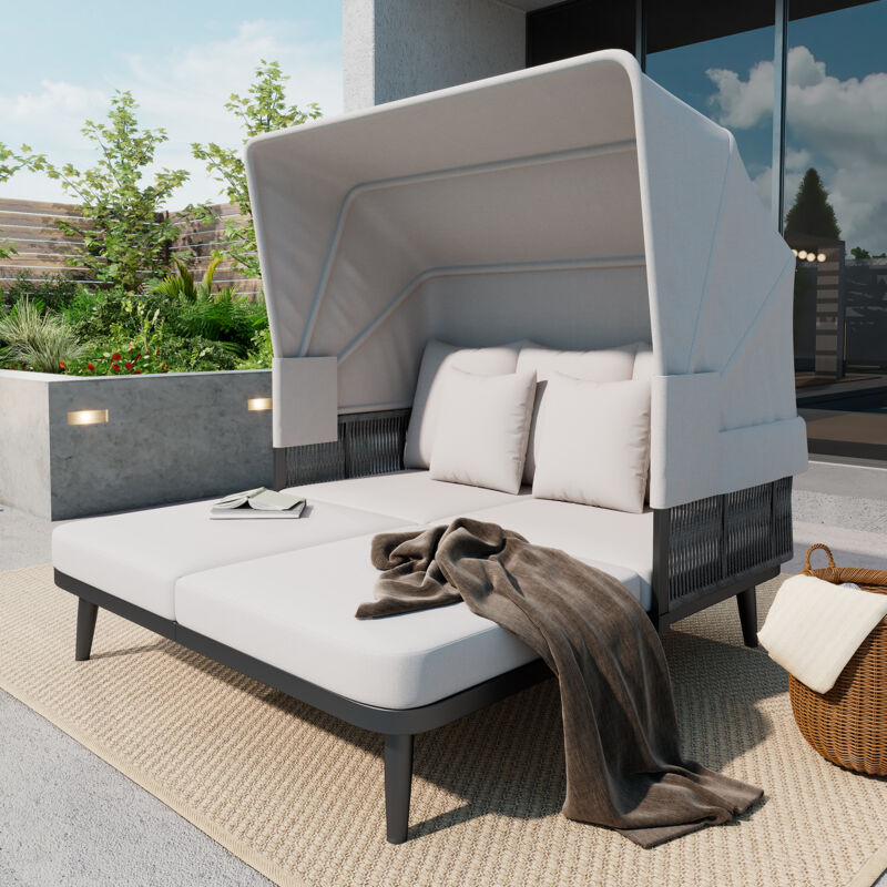 Bain de soleil 2 places - canapé de jardin avec pare-soleil réglable - acier galvanisé - beige