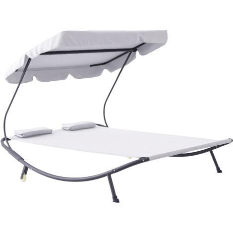 Bain de soleil 2 places lit de jardin design contemporain toit réglable 2 roulettes 2 oreillers acier époxy polyester crème