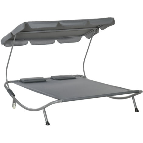 Bain de soleil 2 places lit de jardin design contemporain toit réglable 2 roulettes 2 oreillers acier époxy polyester gris
