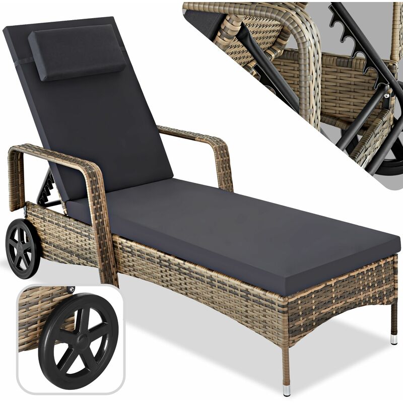 Tectake - Bain de soleil aluminium Cassis 6 positions avec roulettes - chaise longue, transat bain de soleil, transat jardin - marron naturel