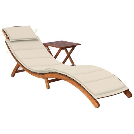 Bain de soleil avec table et coussin Moderne - Transat - Fauteuil de jardin relax - Bois d'acacia Chic-175084