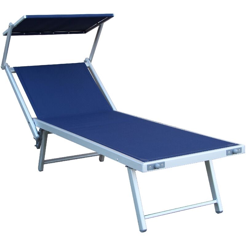 Bain de soleil basic avec parasol en aluminium et me'tal 189x58x36 cm bleu serviette en textile'ne pour piscine mer