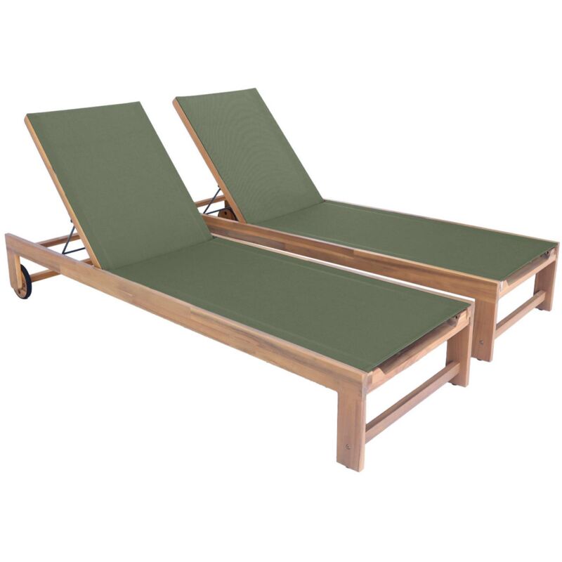 Lot de 2 bains de soleil en bois d'acacia et textilène kaki. multi positions avec roulettes