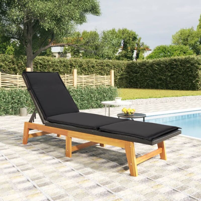 Design In - Bain de soleil Chaise de jardin Transat de jardin - avec coussin Résine tressée/bois massif d'acacia BV680544