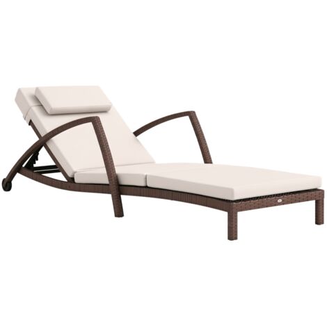 Bain de soleil, chaise longue en résine tressée avec dossier réglable, roulettes, coussin et accoudoirs, marron et beige