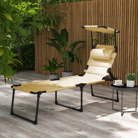 Bain de soleil chaise longue pliante avec pare-soleil. appuie-tête inclinable en tissu Oxford 70 x 200 x 45 cm crème