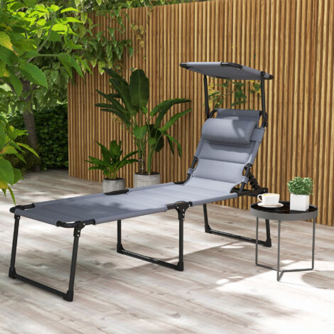 Bain de soleil chaise longue pliante avec pare-soleil. appuie-tête inclinable en tissu Oxford 70 x 200 x 45 cm gris