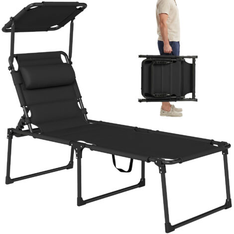 Bain de soleil chaise longue pliante avec pare-soleil, appuie-tête inclinable en tissu Oxford 70 x 200 x 45 cm, noir