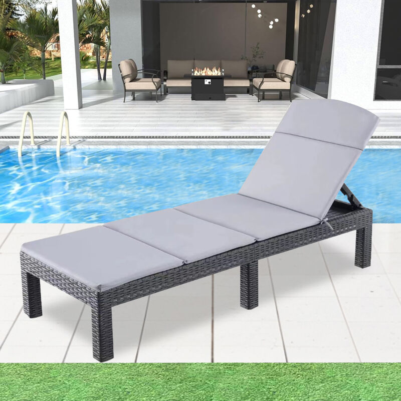 Bain de soleil - Chaise longue - Transat de soleil Résine imitation rotin tressé - Coussin - Dossier réglable - Noir