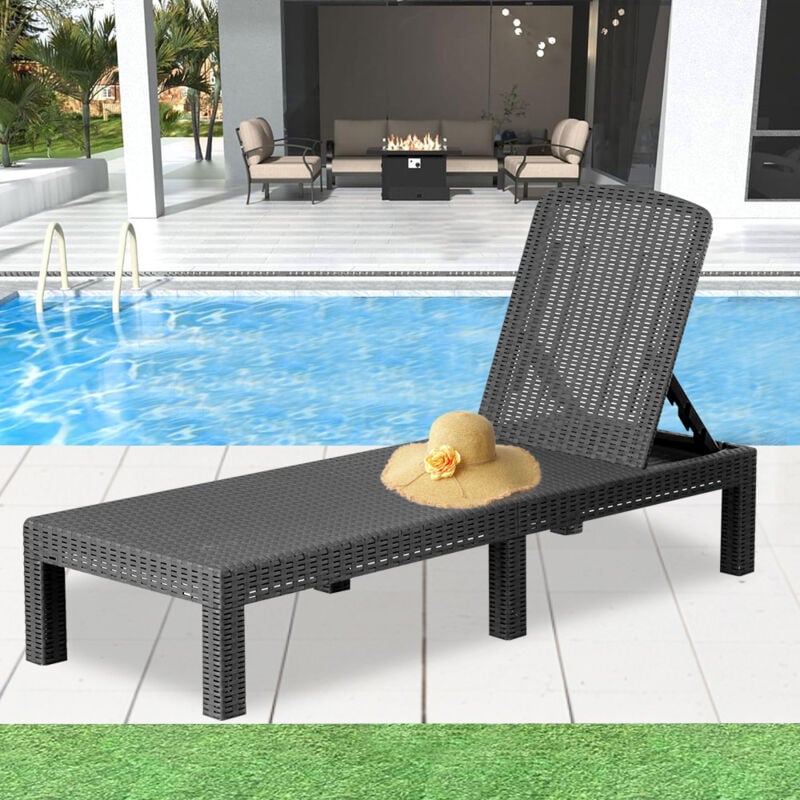 Bain de soleil - Chaise longue - Transat de soleil Résine imitation rotin tressé - Dossier réglable - Noir