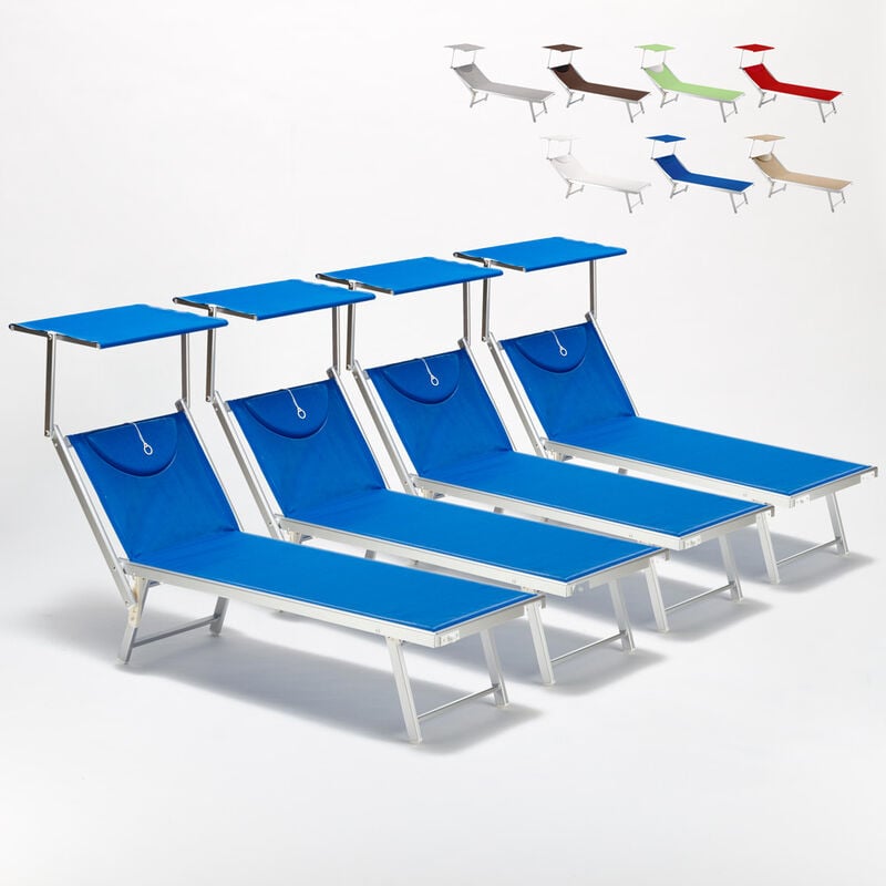 4 transats de plage bain de soleil professionnels en aluminium Santorini Couleur: Bleu