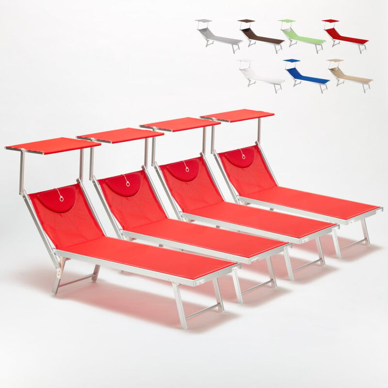 4 transats de plage bain de soleil professionnels en aluminium Santorini Couleur: Rouge