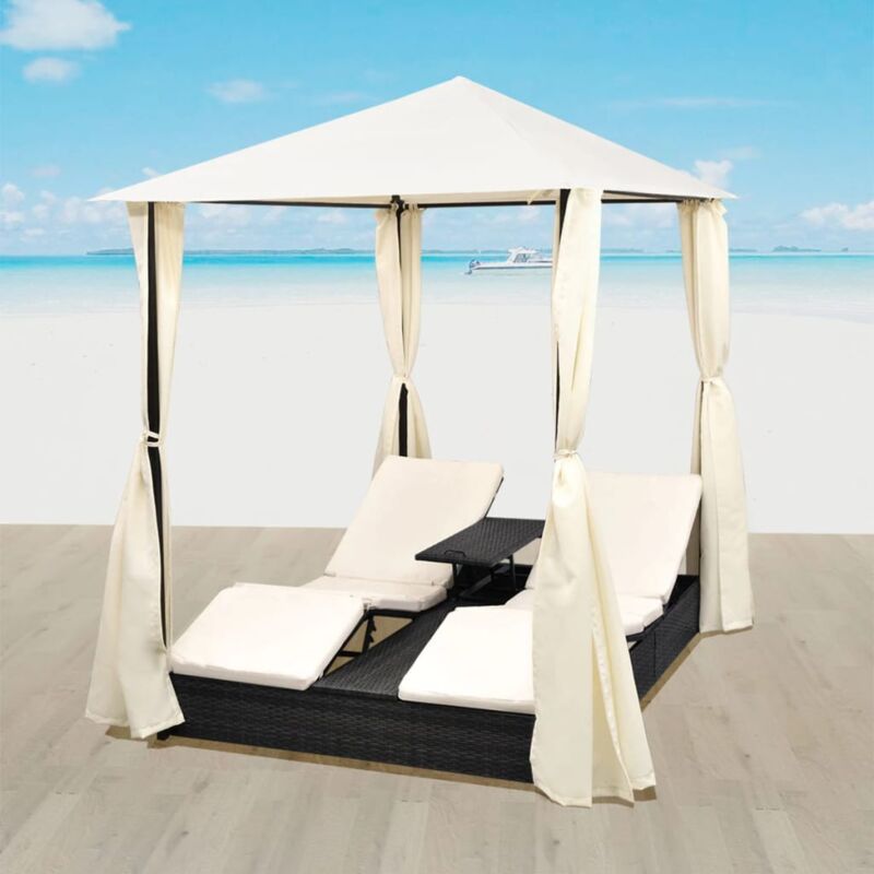 Design In - Bain de soleil double Chaise de jardin - Transat de jardin avec rideaux Résine tressée Noir BV675008