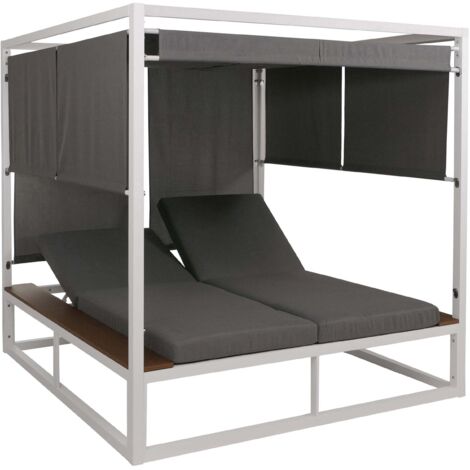 Bain de soleil double jardin aluminium blanc 200x200 cm dossier réglable 5 positions toile polyester coussins gris 040009727