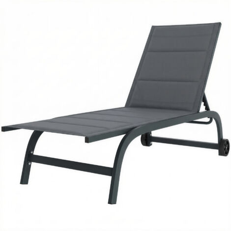 Bain de Soleil en Aluminium, Dossier Réglable 6 Positions avec Roues, Rembourrage Intégré, 62x165x94cm, Gris Foncé