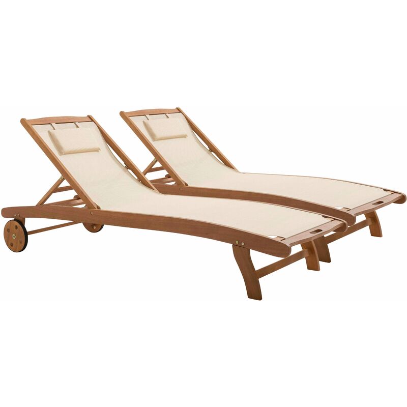 Oviala - Lot de 2 bains de soleil en bois inclinable avec roues écru
