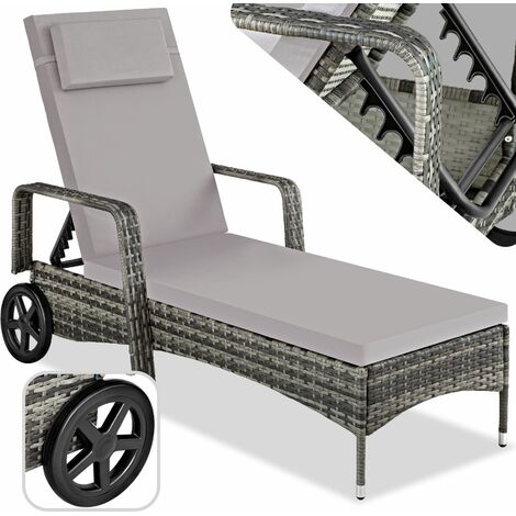 Tectake – Bain de soleil anti UV avec coussin amovible – Résine tressée – Dossier ajustable 6 positions – Dimensions 200x70x33 cm – Gris clair