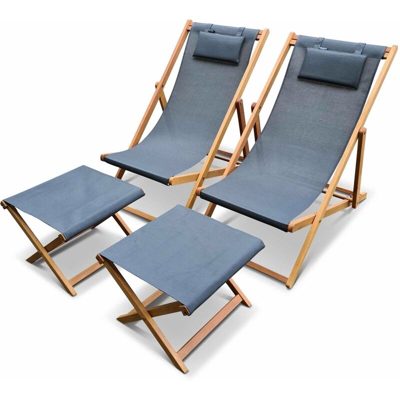 Chiliennes bois - Creus - 2 transats en bois d'Eucalyptus huilé avec coussin repose-tête gris et repose-pieds