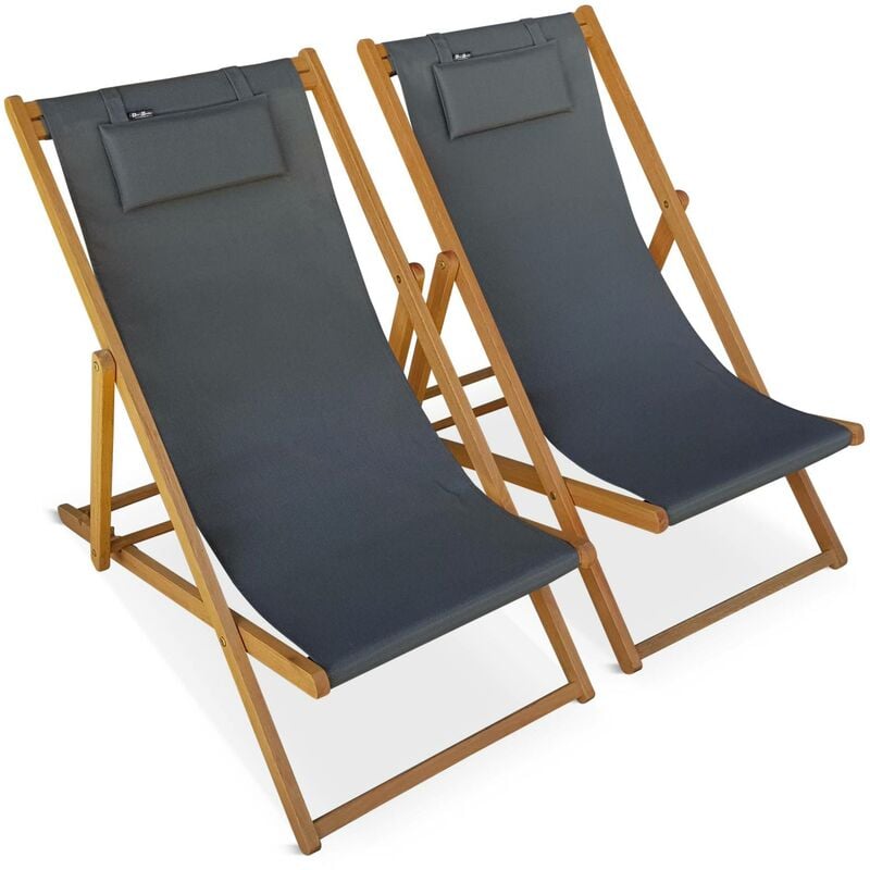 Chiliennes bois - Creus - 2 transats en bois d'Eucalyptus huilé avec coussin repose-tête gris
