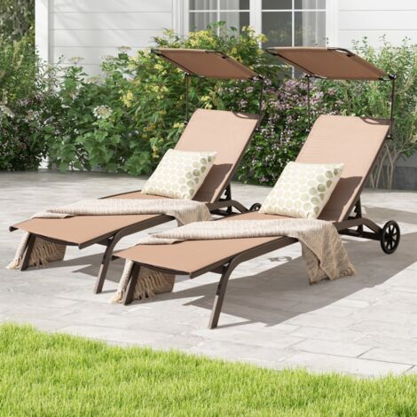 Bain de Soleil Inclinable 6 Niveaux 150 KG Chaise Longue Jardin avec Roues Auvent Réglable Porte-Gobelet CW29713