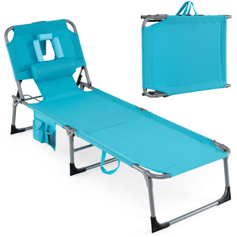 Bain de Soleil Inclinable à 5 Angles avec Trous pour Visage & Bras, Pochette et Appuie-Tête, Transat en Métal & Tissu Oxford, Charge 150KG, Turquois