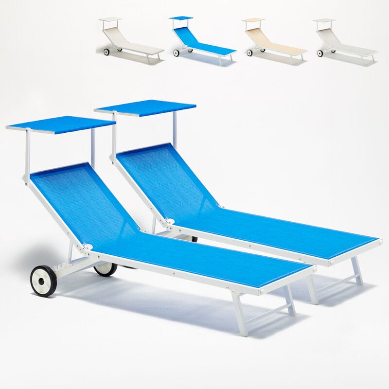 2 Bains de soleil avec roues transats piscine jardin aluminium Alabama Bleu