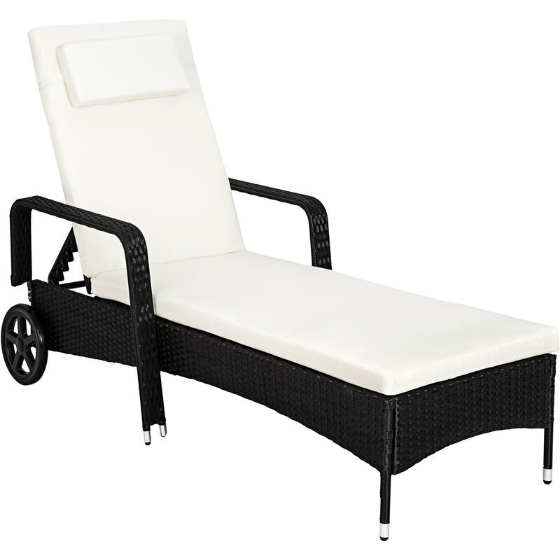 Bain de soleil métal 6 positions avec roulettes - chaise longue, transat bain de soleil, transat jardin - noir/beige