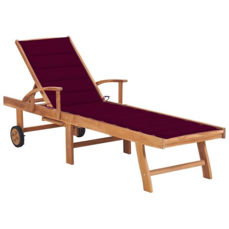 Bain de soleil Moderne  Chaise longue  Transat avec coussin rouge bordeaux Bois de teck solide GF22738