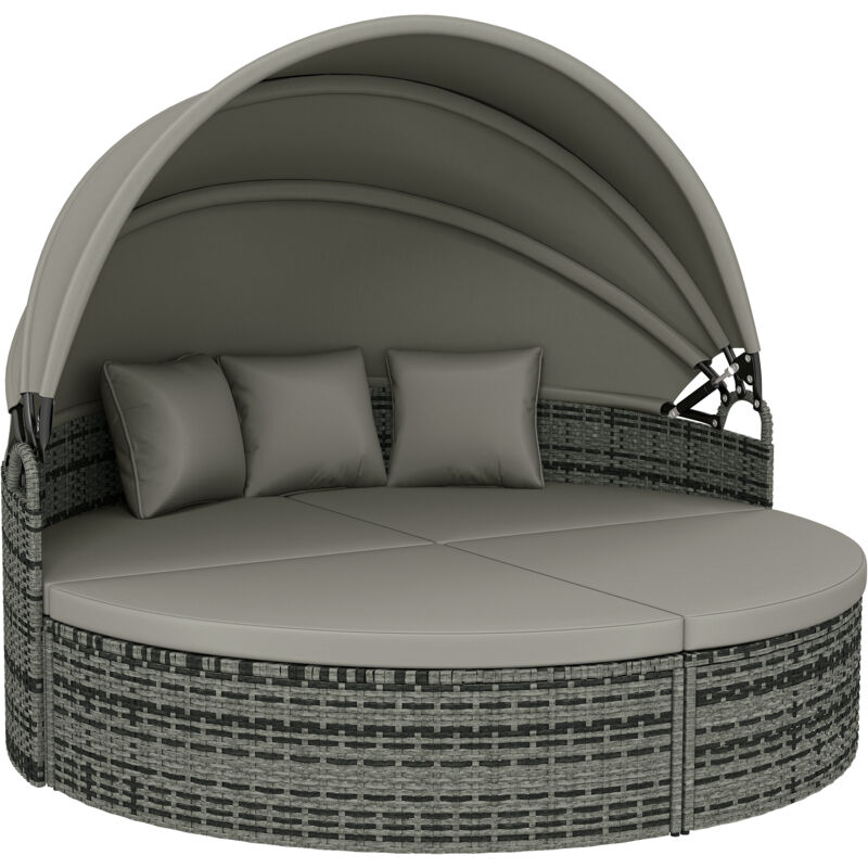 Bain de soleil - Outsunny - avec auvent rétractable - coussins et oreillers - résine tressée - 180 x 175 x 146 cm - gris clair
