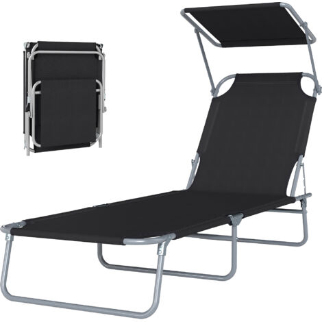 Bain de soleil pliable extérieur avec dossier réglable 4 positions et pare-soleil orientable, idéal plage, jardin et terrasse, noir