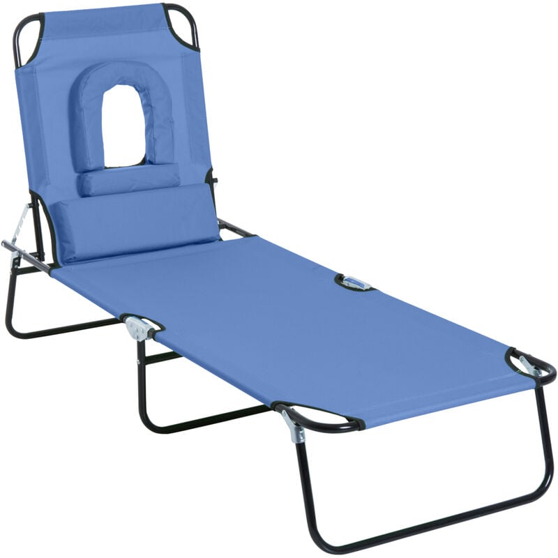 Outsunny - Bain de soleil pliable transat inclinable 4 positions chaise longue de lecture 3 coussins fournis bleu - Bleu