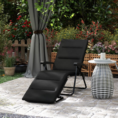 Bain de soleil pliable transat inclinable 6 positions avec matelas + accoudoirs acier polyester 153 x 58.5 x 89 cm noir