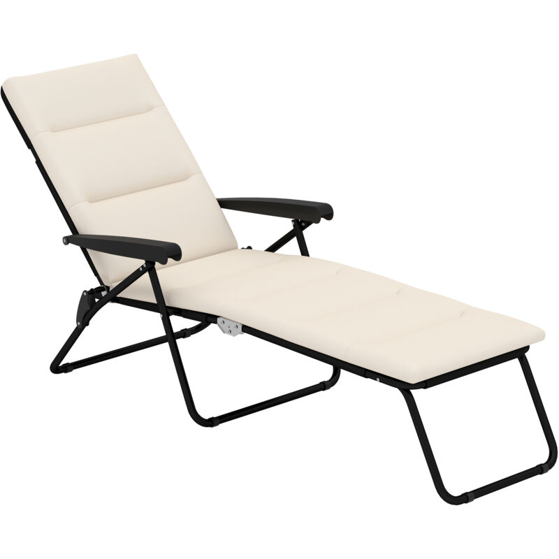 Bain de soleil pliable transat inclinable 6 positions grand confort avec matelas + accoudoirs acier polyester beige
