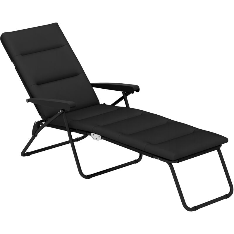 Bain de soleil pliable transat inclinable 6 positions grand confort avec matelas + accoudoirs acier polyester noir