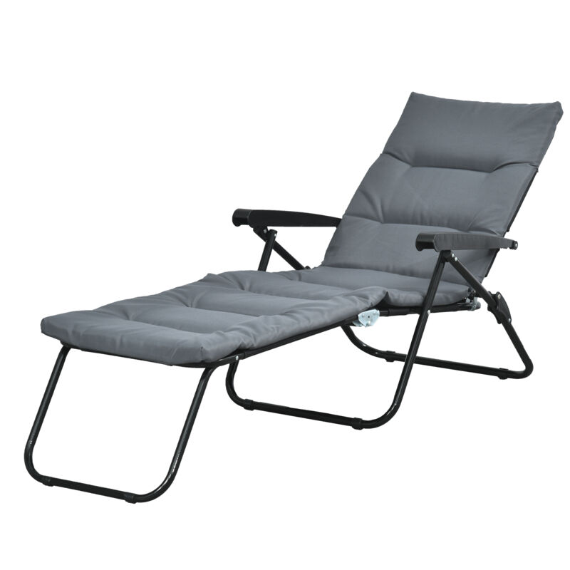 Bain de soleil pliable transat inclinable 6 positions grand confort avec matelas + accoudoirs acier polyester gris