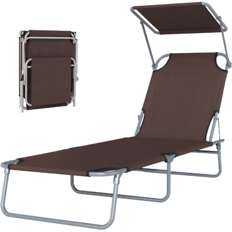 Bain de soleil pliant avec auvent, dossier réglable 4 positions, toile Oxford 600D, chaise longue portable pour jardin, plage, camping, terrasse, marron