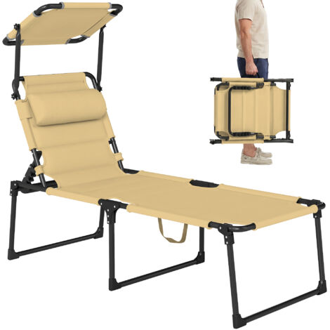 Bain de soleil pliant avec pare-soleil, appuie-tête inclinable, tissu Oxford crème, 70×200×45 cm