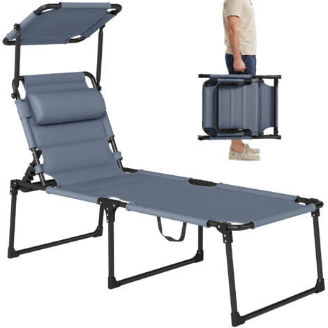 Bain de soleil pliant avec pare-soleil réglable, chaise longue en tissu Oxford gris 70x200x45 cm, appuie-tête inclinable pour confort optimal, transat de jardin léger et résistant.