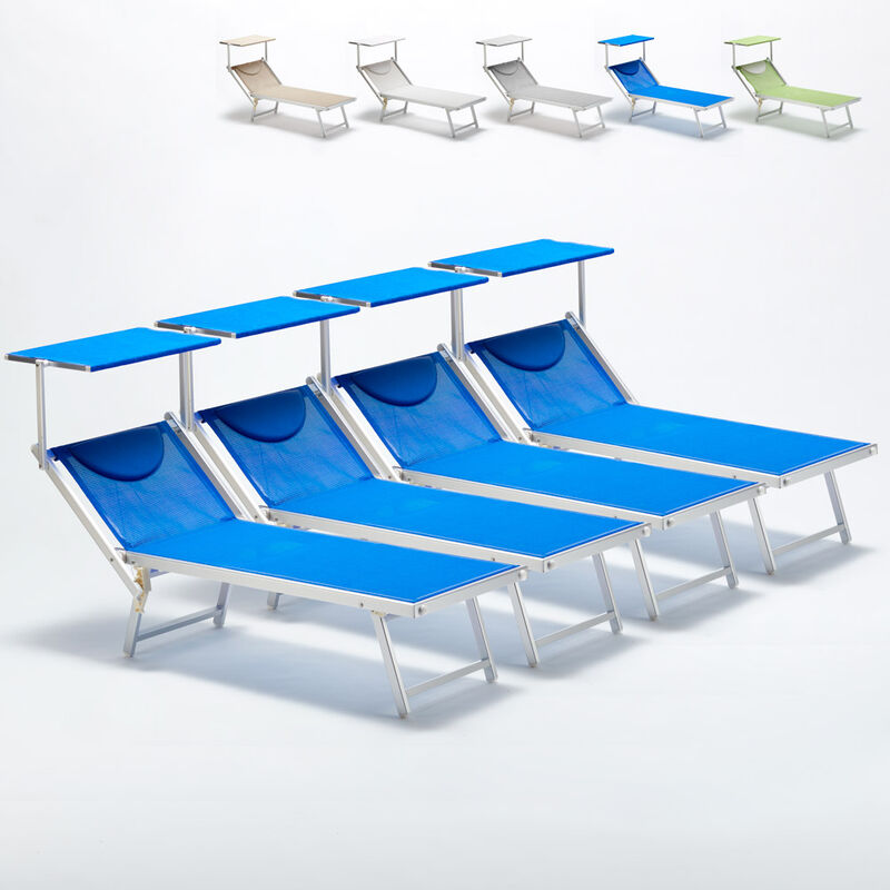 4 Bains de soleil professionnels transats de plage aluminium Italia Couleur: Bleu
