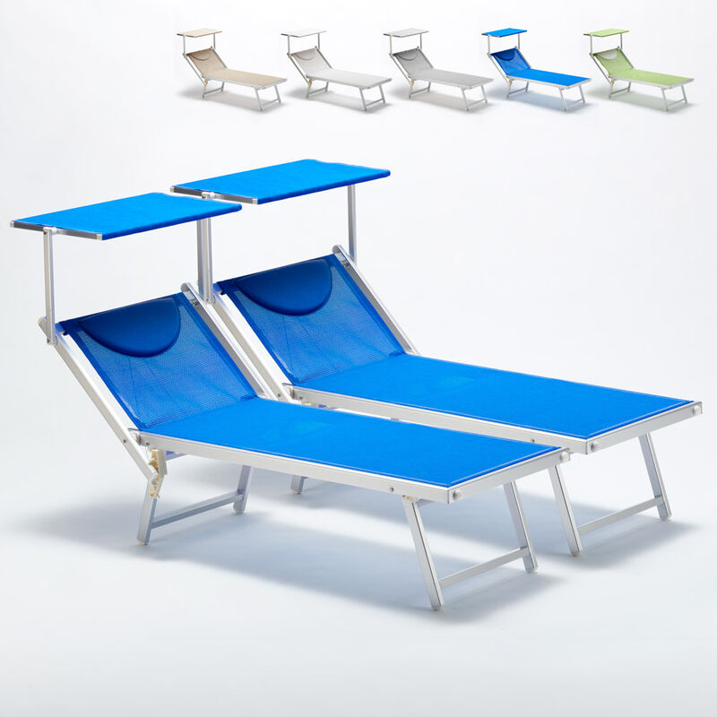 Beach And Garden Design - 2 Bain de soleil professionnels transat aluminium lits de plage Italia Couleur: Bleu