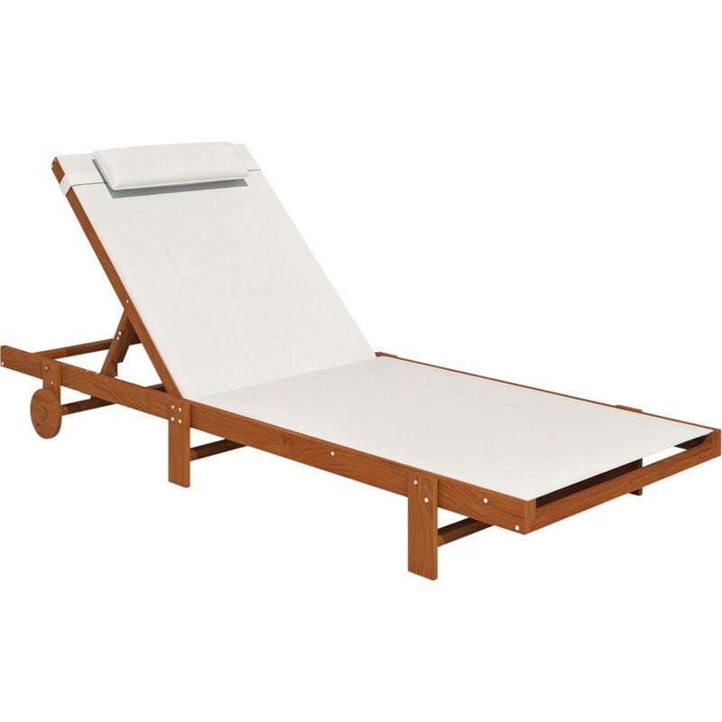 Outsunny - Bain de soleil style exotique bois avec 2 roues - inclinable, tétière - textilène blanc