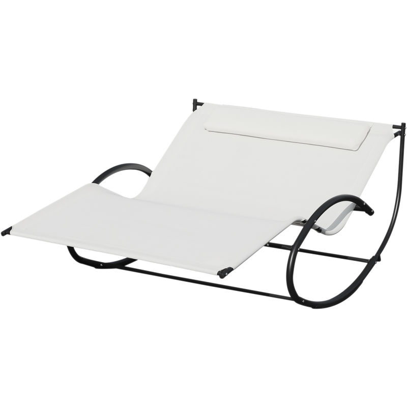 Bain de soleil transat à bascule 2 places design contemporain assise dossier ergonomiques oreiller fourni métal noir textilène crème - Blanc