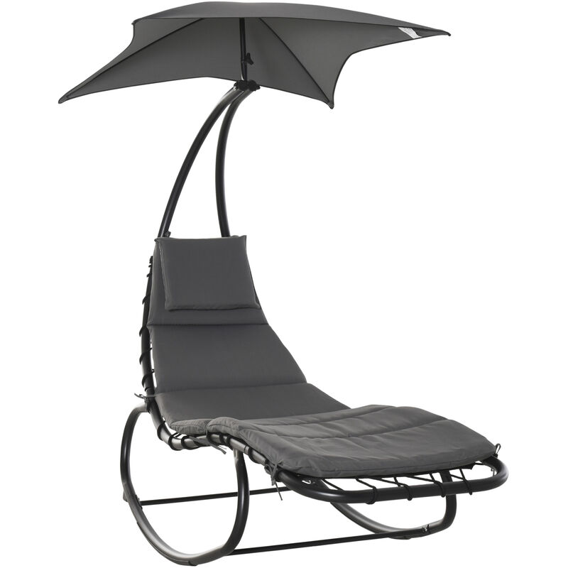 Outsunny - Bain de soleil transat à bascule design contemporain avec pare-soleil, matelas grand confort, tétière métal époxy noir polyester gris